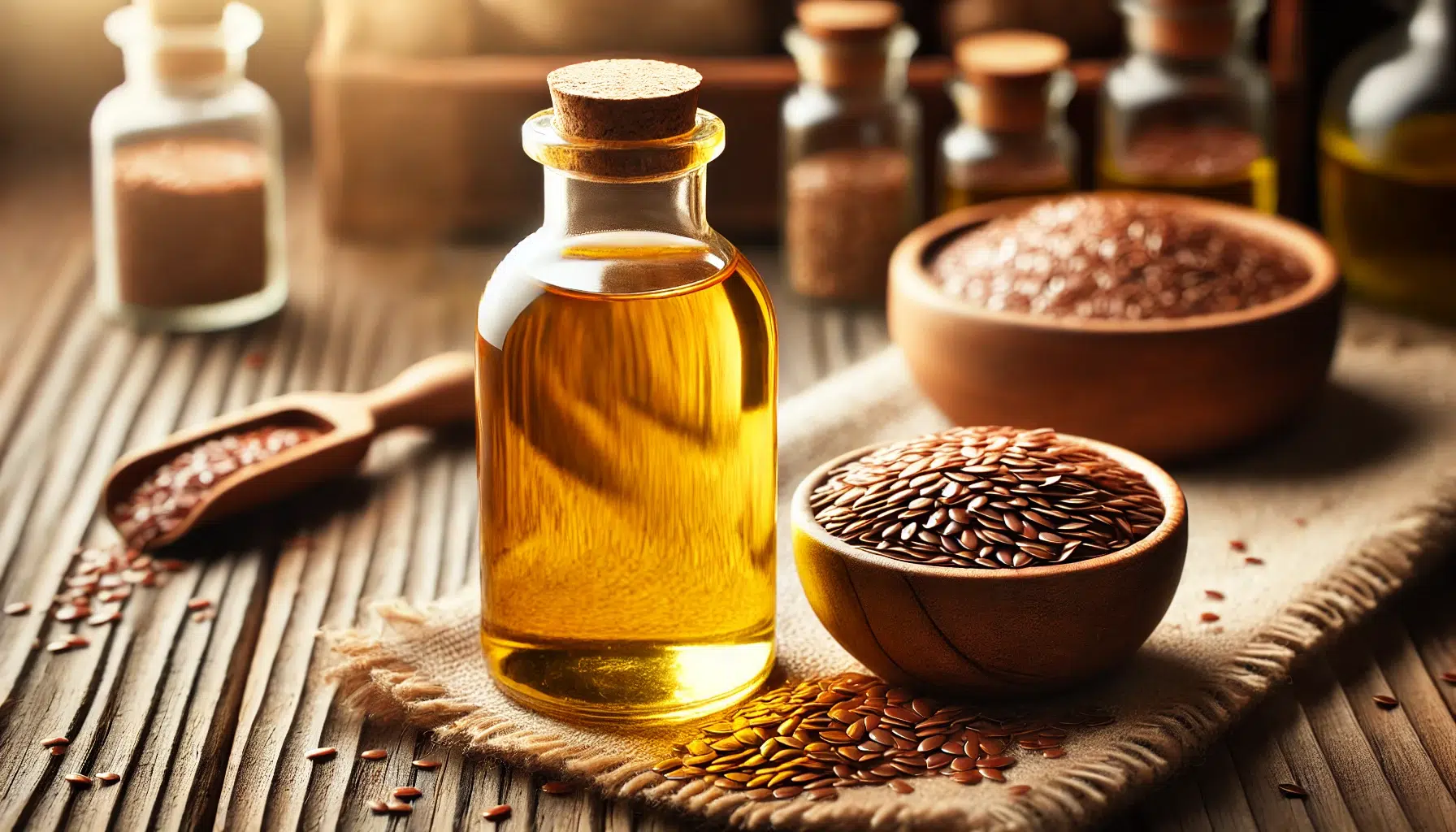 DALL·E 2024 11 03 22.34.27 A close up image of a glass bottle of flaxseed oil aceite de lino placed on a wooden surface with a small bowl of golden flaxseeds next to it. The