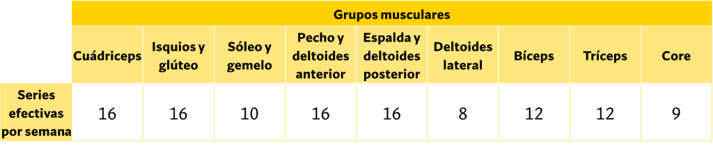 Series efectivas a la semana grupo muscula