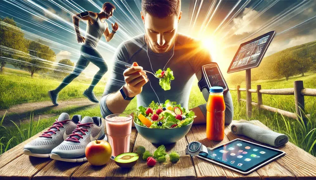 DALL·E 2024 12 14 20.19.44 A realistic and dynamic image depicting a person eating healthy food before going for a run. The scene shows a runner sitting at a table outdoors enj