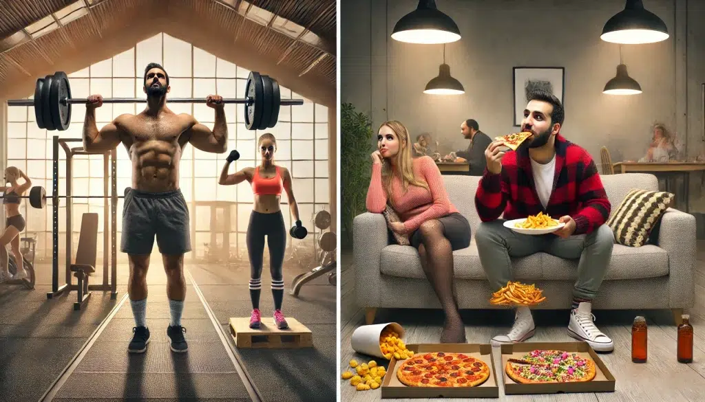 DALL·E 2024 12 14 21.25.57 Una imagen comparativa en formato 16 9 que ilustra la diferencia entre ganar musculo y ganar grasa. En el lado izquierdo un hombre y una mujer con cu