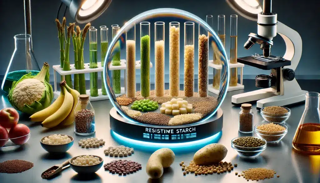 ¿Qué es el almidón resistente y para qué sirve? 5 DALL·E 2025 01 04 01.45.29 A visually engaging scene showcasing the concept of resistant starch focusing on a scientists workspace with test tubes and microscopic views of sta