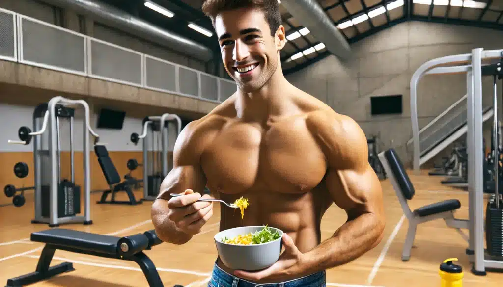 DALLE 2025 02 02 145609 Un hombre joven musculoso y sin camisa comiendo un tazon de comida saludable en un gimnasio Tiene una expresion alegre y natural mientras disfruta webp