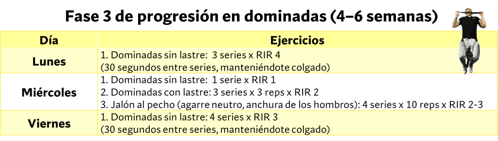 Fase tres progresión en dominadas