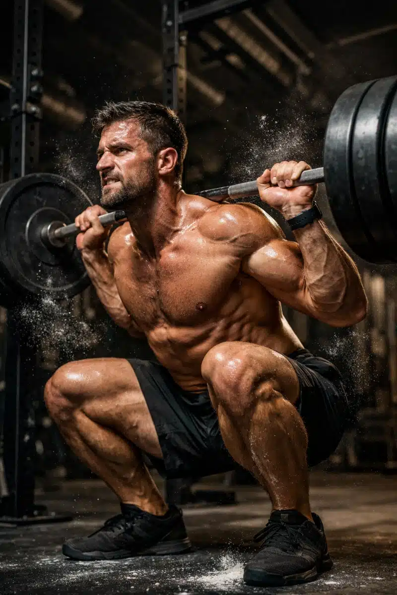 Atleta realizando sentadilla pesada demostrando potencia muscular