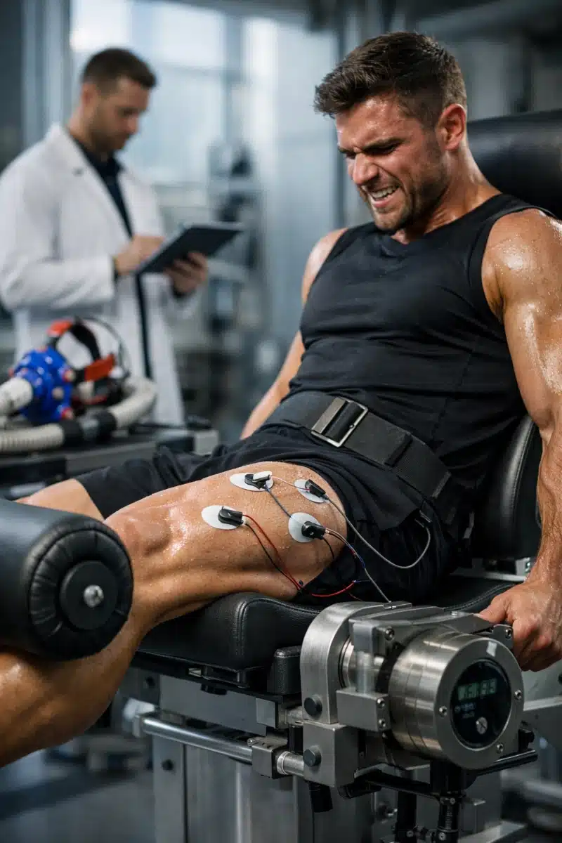 Visualización molecular de creatina activando energía muscular