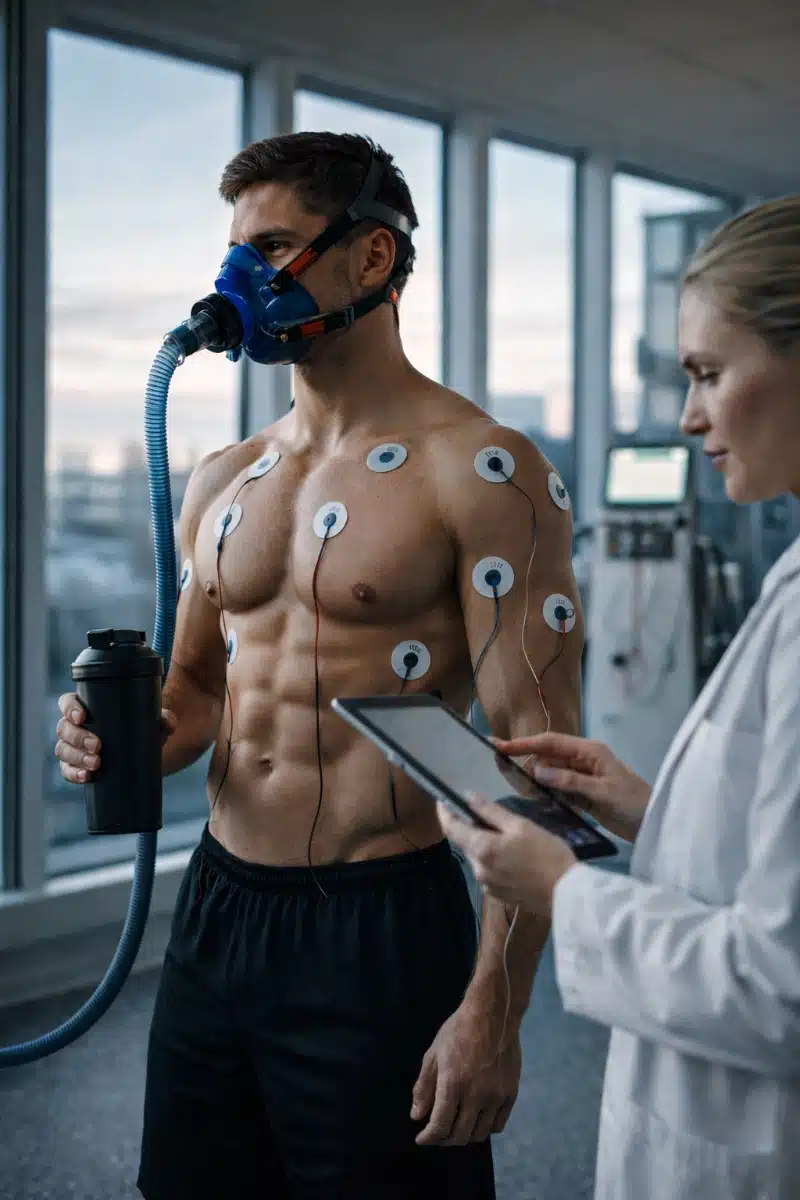 Atleta entrenando fuerza en la mañana con enfoque de rendimiento y recuperación