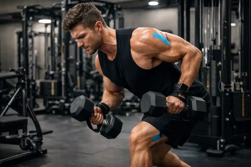 Atleta ejecutando entrenamiento técnico de fuerza en gimnasio premium