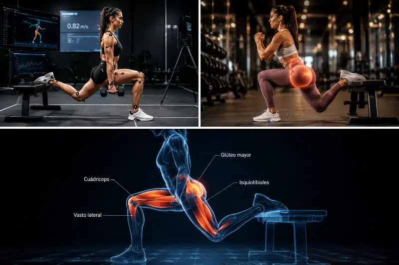 sentadilla bulgara con mancuernas para activar glúteos en entrenamiento femenino